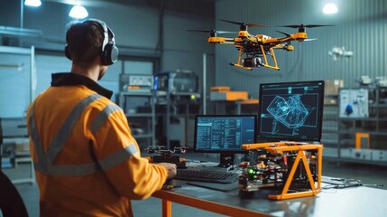 A drone technician testing autonomous delivery drones, high-tech logistics lab with real-time drone control systems and flight simulation tests, Futuristic style