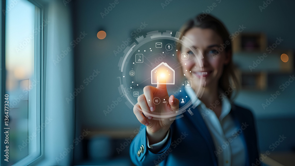 Poster 3d flat icon of a person intertwined with smart home security and tech symbols - integrated home sec