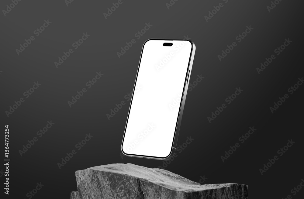 Aufkleber a smartphone with a blank screen hovers above a dark rock on a gradient background. cgi 3d render