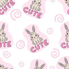 Obraz premium Cute bunny vector pattern on pastel pink background. Vector illustration