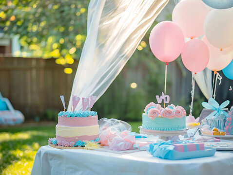 Colorful Children's Birthday Party Table with Cakes, Balloons, and Outdoor Decorations
