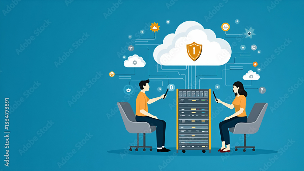 Poster scalable cloud solutions: flat vector design showcasing secure it systems with administrator & devel