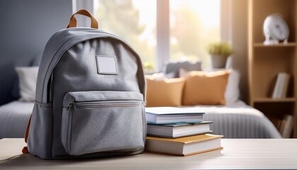 Gray School Backpack with Books on the Clean Table in Blured Kid Bed Room Background. Back to School Concept. Banner with Copy Space.