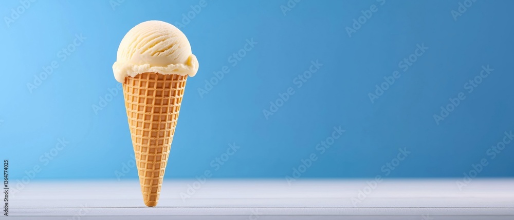 Aufkleber waffle cone with a scoop of vanilla ice cream in it. the cone is made of waffle and has a light brow