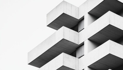 Minimalist urban geometry in black and white, featuring stacked concrete planes and precise architectural lines in a modern facade