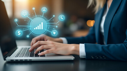 Empowering Businesswomen: Strategizing Marketing Campaigns with Laptops and Social Media Icons for Enhanced Online Engagement - Stock Photo Concept with Space for Text