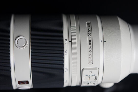 Bangkok, Thailand - March 27, 2025 : Details of body lens Sony FE 100-400mm GM Lens for Sony Full Frame mirrorless camera
