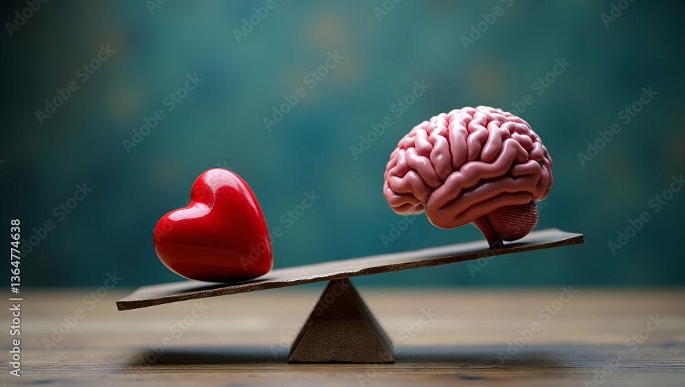 Poster balance scale weighing heart and brain: symbolizing the equilibrium between emotion and logic in dec