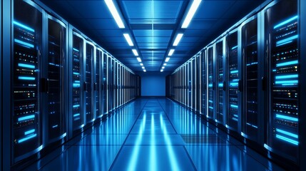 A futuristic data center with rows of advanced server racks, ambient blue LED lighting reflecting off sleek metallic surfaces, efficient cooling systems