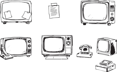 A set of retro technology, televisions, telephones. Hand drawn vector illustration