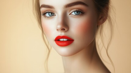 Fototapeta premium Radiant Beauty: A captivating close-up of a woman's face, highlighting her flawless skin, striking blue eyes, and vibrant red lipstick, embodying elegance and sophistication. 