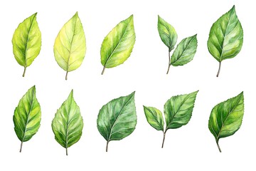 Fototapeta premium Watercolor Green Leaves Collection – Botanical Foliage with Realistic Veins & Shading