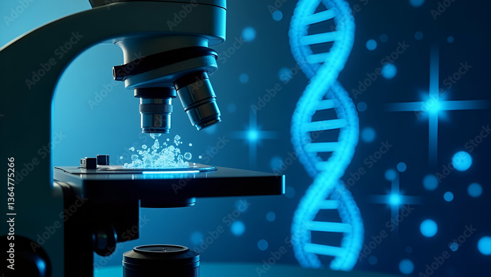 Poster microscope view of modified dna strands on advanced digital equipment in a biotech lab: showcasing g