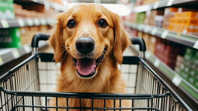 Happy golden retriever enjoys shopping day at local pet supply store with owner on a sunny afternoon