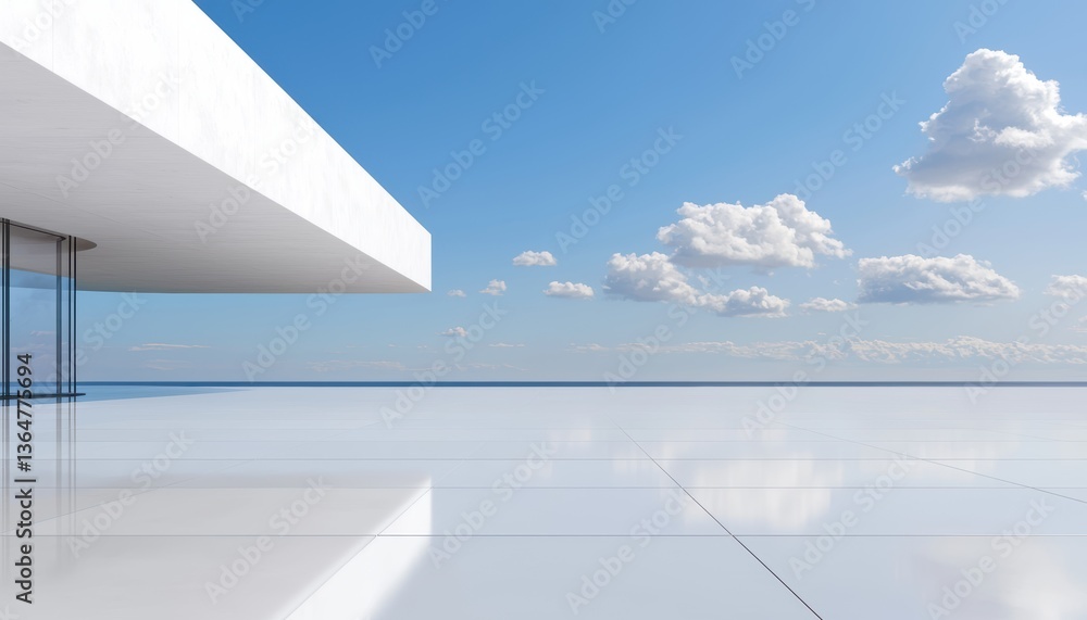 Aufkleber white elliptical futuristic building with open-air sky view, soft water reflection and abstract mini