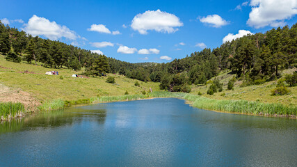 Aerial view of a natural lake in forested area Gemerek, Sivas, Turkey