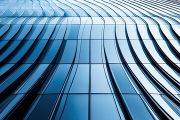 Obraz premium Modern architecture detail with flowing curved metal panels over vertical glass fins, showcasing dynamic rhythm and futuristic facade design