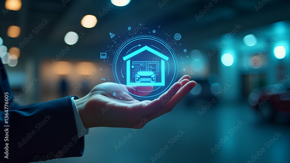 Poster 3d flat icon of individual with smart garage control and tech overlay: double exposure concept for s