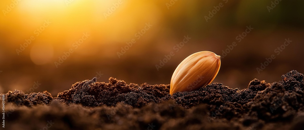 Poster close-up of a single seedling growing in the soil. the seedling is in the center of the image, with 