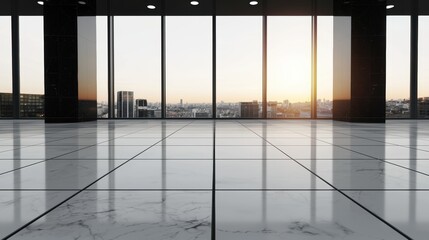 Fototapeta premium Realistic urban office tower with modern reflective facade, panoramic city background, elegant and futuristic architectural style, clean lines