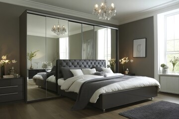 A modern bedroom interior features a large bed and mirror closet
