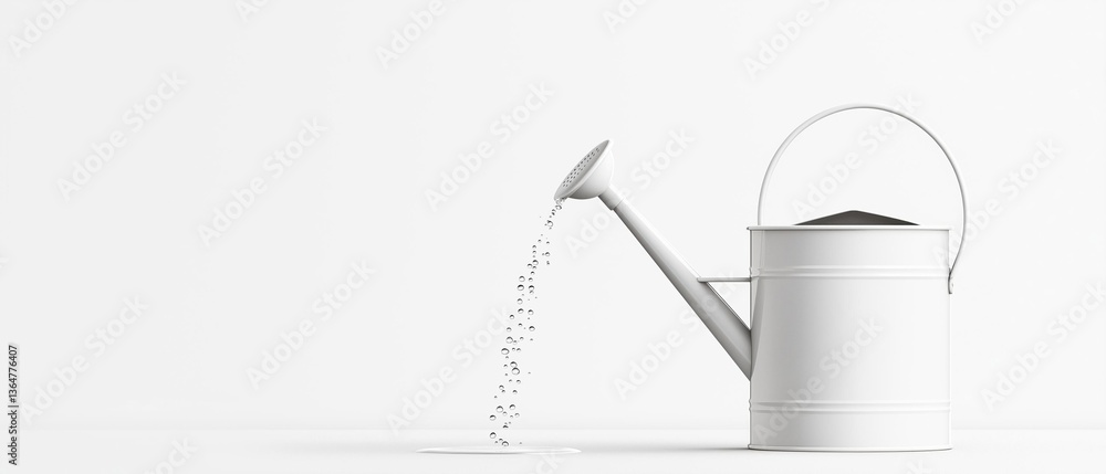 Poster 3d rendering of a white watering can with a handle and spout. the can is placed on a plain white bac
