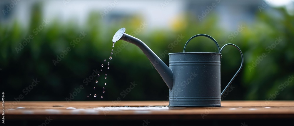 Poster grey watering can with a spout and handle on a wooden surface. the can is filled with water droplets