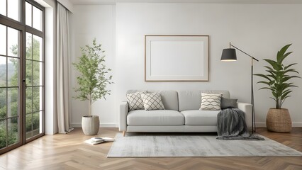 modern living room with sofa and frame on white wall