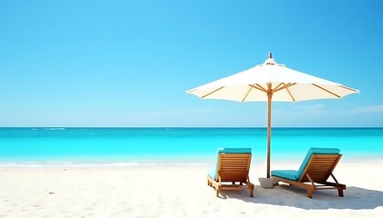 Obraz premium Relaxing Beach Scene with Loungers, Umbrella, and Tranquil Turquoise Water