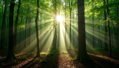 Obraz premium Sunlight Streaming Through Trees in a Lush Green Forest Scene