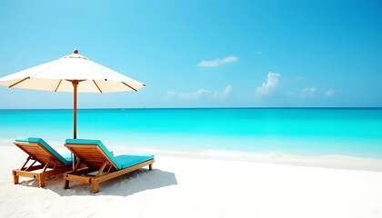 Fototapeta premium Beach Chairs and Umbrella on Pristine Tropical White Sand Beach