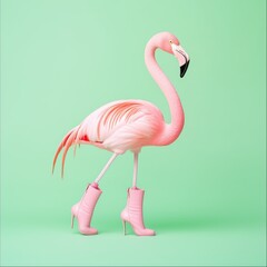 Elegant pink flamingo wearing high heels against a vibrant green background