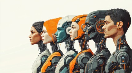 Diverse humans and robots side by side in clean minimalist style