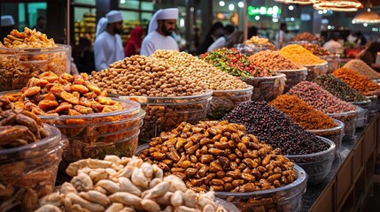 A vibrant display of various nuts and dried fruits in a shop