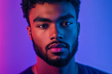 Fototapeta premium A portrait of a handsome young man with short, curly black hair and a well-groomed beard, illuminated by dynamic, colorful lighting.