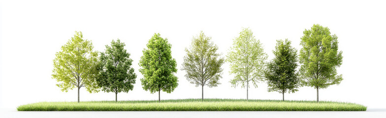 Fototapeta premium Row of green trees isolated on a white background with grassy base