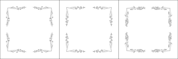 Set of three elegant black and white ornamental frame with cereal spikelets, oat ears, decorative border. Isolated vector illustration.	
