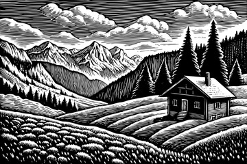 Idyllic landscape black and white in the Alps with mountain chalet and meadows hand drawn outline