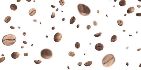 Coffee falling bean background. Black espresso coffee bean flying on white