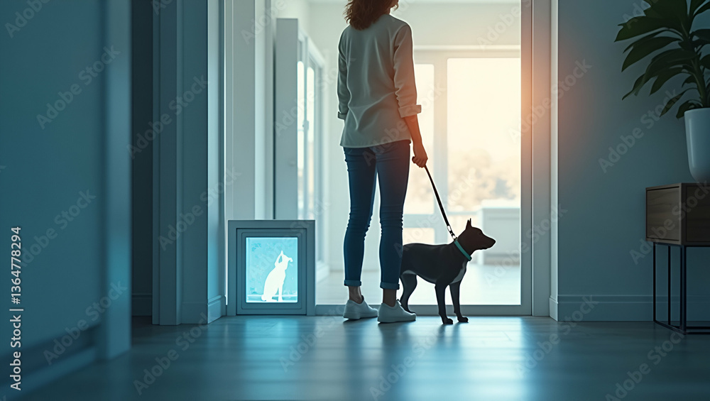 Poster 3d flat icon as person with automated pet door and tech overlay symbolizing smart pet access in doub