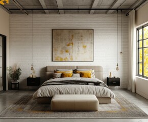 A modern bedroom interior featuring a large bed and art