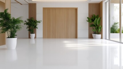 Modern hallway with natural light and wooden accents.  Spacious, bright, and minimalist design.  Large, clean white floor, light wood paneling, and potted plants.  Smooth, sleek aesthetic