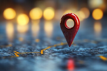 Location Pin Pointing Route on Map with Bokeh Lights Background
