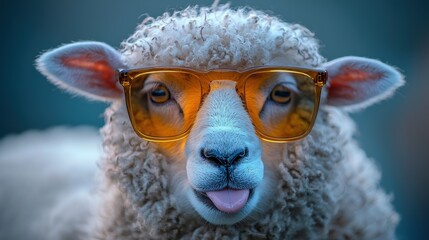 Cheeky sheep poses playfully in minimalist setting with fluffy wool texture