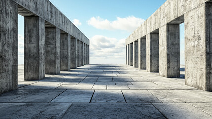 Symmetrical concrete corridor with tall columns under a blue sky and scattered clouds, creating dramatic perspective.