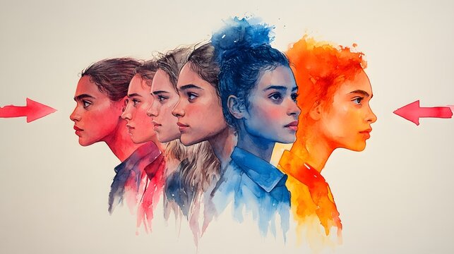 Colorful female profiles, side-by-side, abstract background