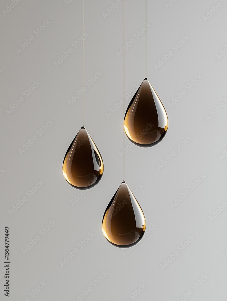 Poster three pendant lights hanging from strings. the lights are in the shape of teardrop-shaped objects, w