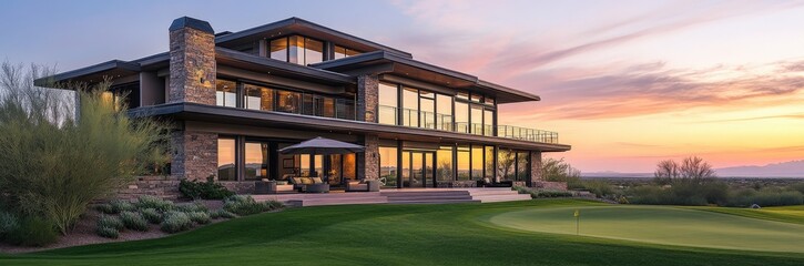 A large house with many windows sits on a lush green field