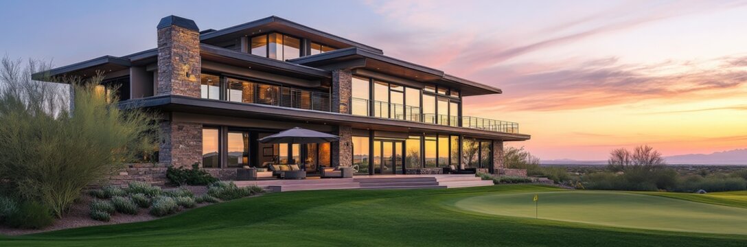 A large house with many windows sits on a lush green field