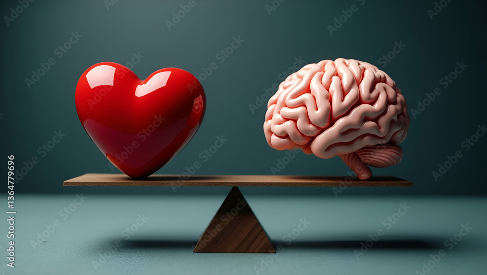 Poster heart and brain on scales: balancing emotion and logic in decision making - stock photo concept